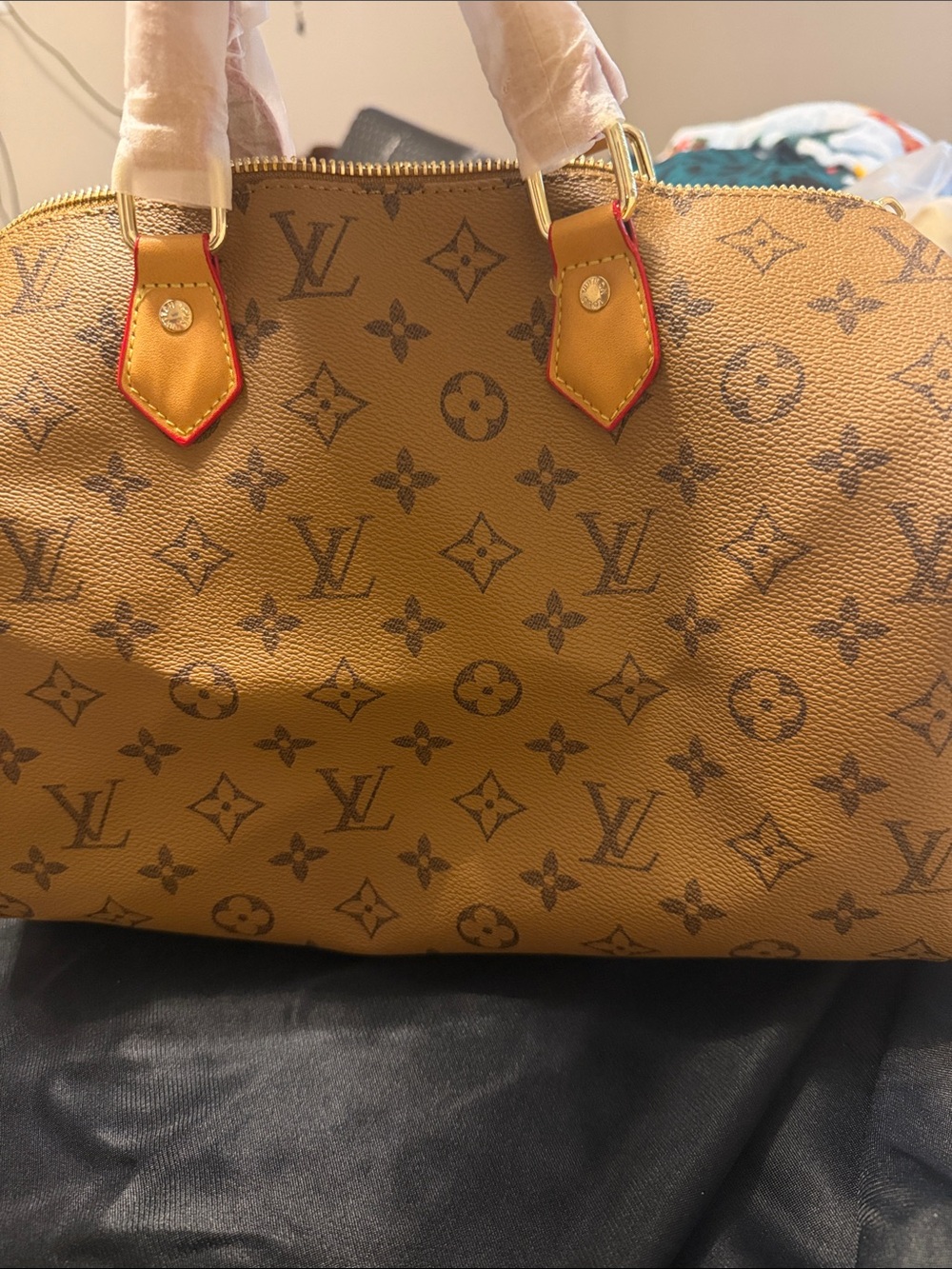 Satchel in Tan and Brown with Red Trim